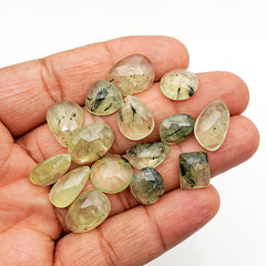 Prehnite Rose Cut Cabochons | Green Gemstones with Black Inclusions for Jewelry Making - 15 Pieces
