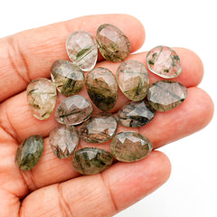 Green Rutilated Quartz Rosecut Pears | Natural Faceted Cabochons For Jewelry Making - 15 Pieces