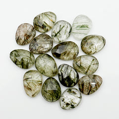 Green Rutilated Quartz Rosecut Pears | Natural Faceted Cabochons For Jewelry Making - 15 Pieces