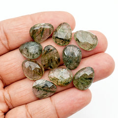 Large Green Rutilated Quartz Rosecut Pears | Natural Faceted Gemstones Lot - 10 Pieces
