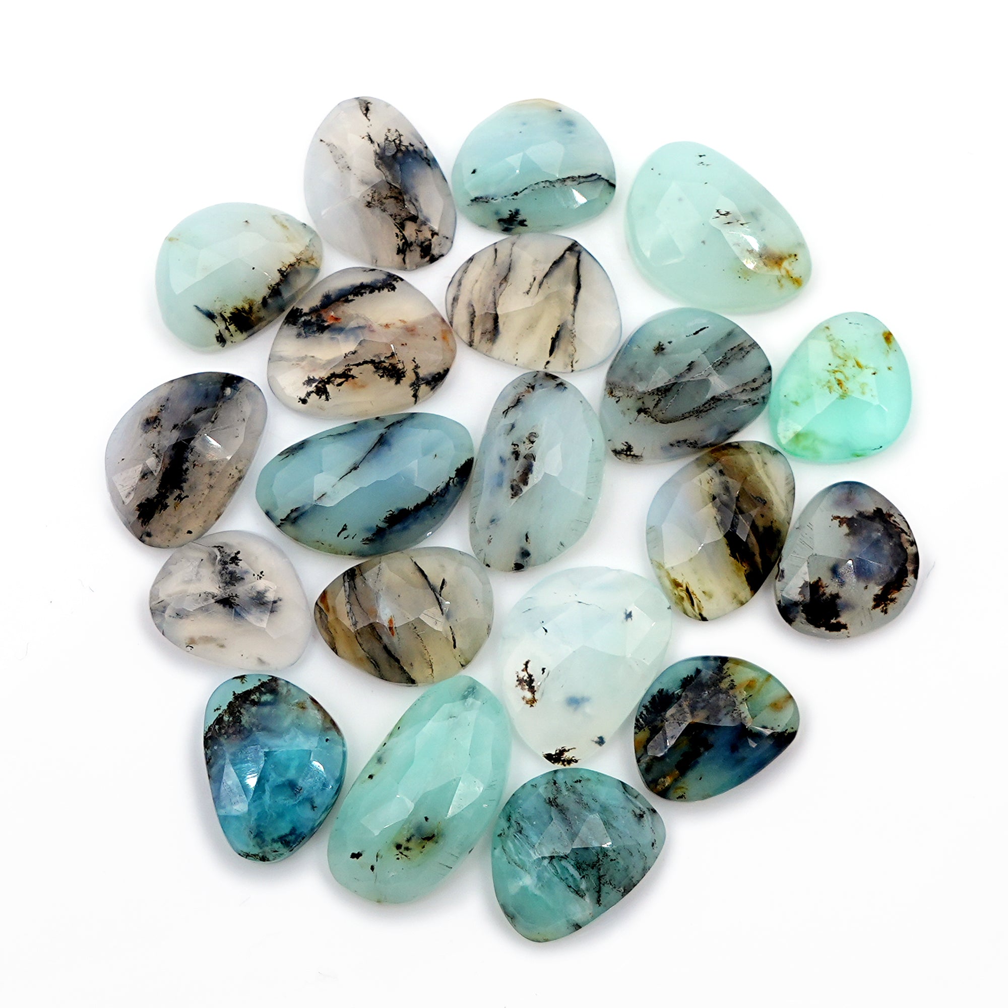 Collection of variously shaped and sized turquoise stones on a white background