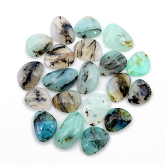 Collection of variously shaped and sized turquoise stones on a white background