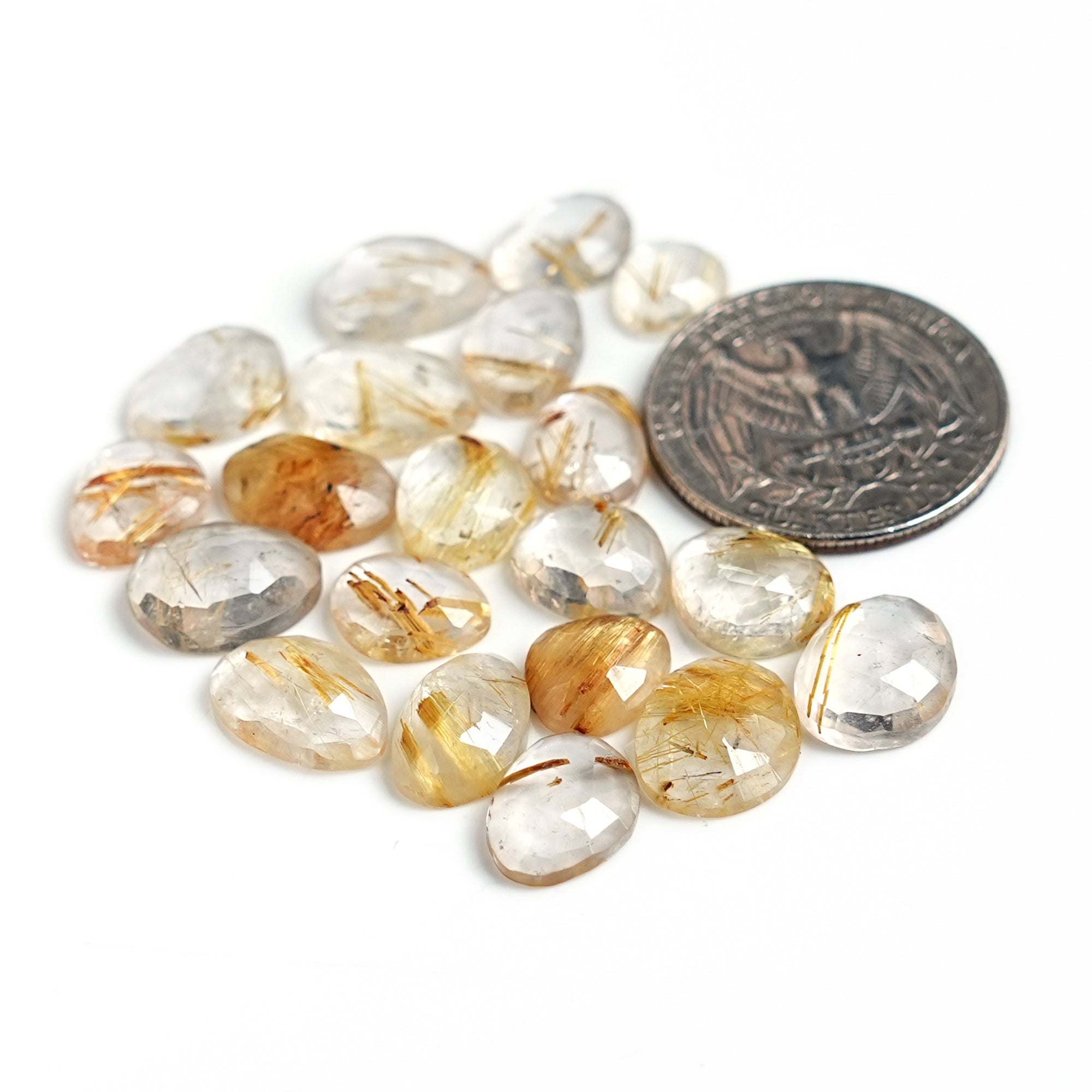 Golden Rutilated Quartz Smooth Cabochon | Natural Flatback Loose Gemstones for Jewelry Making- 20 Pieces