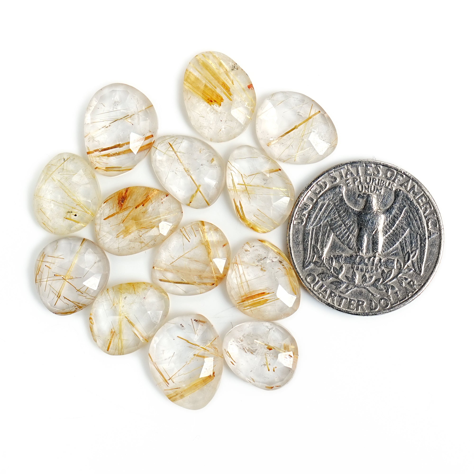 Golden Rutilated Quartz Rose Cut  Cabochon | Natural Flatback Loose Gemstones for Jewelry Making- 13 Pieces
