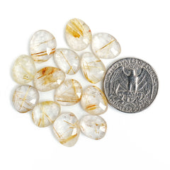 Golden Rutilated Quartz Rose Cut  Cabochon | Natural Flatback Loose Gemstones for Jewelry Making- 13 Pieces