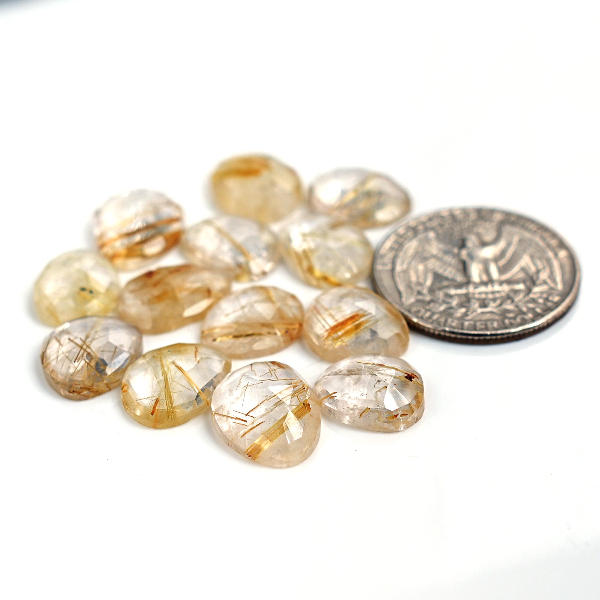 Golden Rutilated Quartz Rose Cut  Cabochon | Natural Flatback Loose Gemstones for Jewelry Making- 13 Pieces