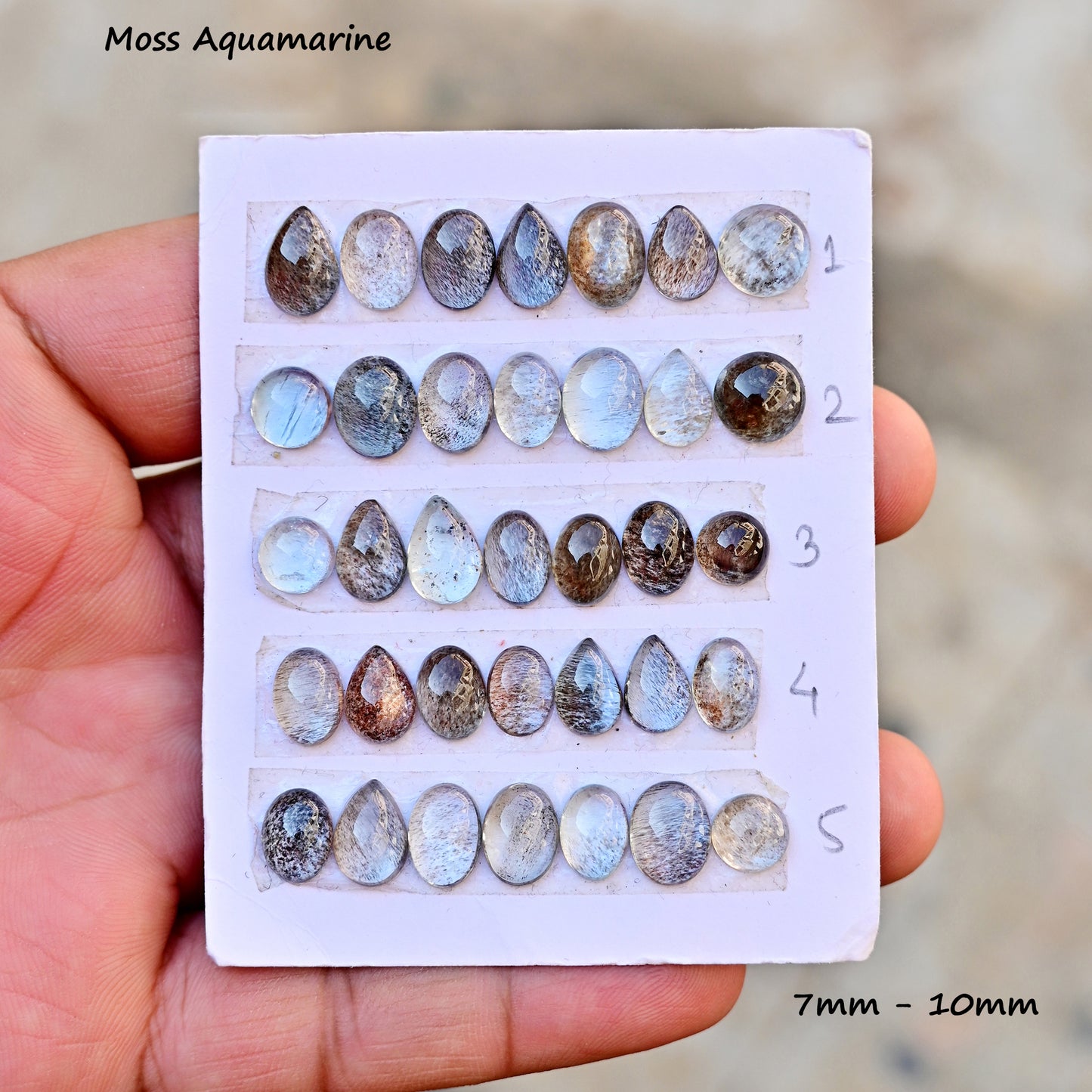 Moss Aquamarine Smooth Cabochon 7mm - 9mm Mix Shape AA Grade Gemstone Parcel -Total 7 Pcs in One Strip