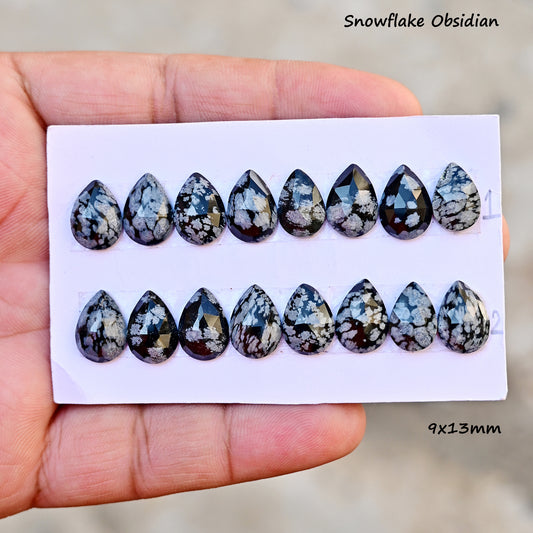 Snowflake Obsidian Rose Cut  9x13mm Pear Shape AA Grade Gemstone Strip Set -Total 8 Pcs in one strip