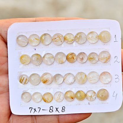 Golden Rutilated Quartz Cabochon 7x7-8x8mm Round Shape AA Grade Gemstone Parcel -Total 8 Pcs in one