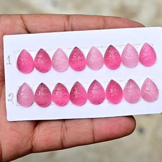 Pink Monalisa Carving 10-14mm Pear Shape AA Grade Gemstone Strip-Total 8 Pcs in One