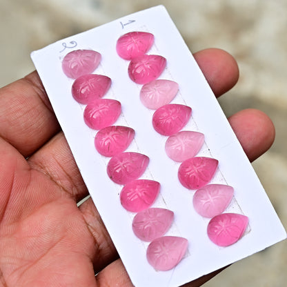 Pink Monalisa Carving 10-14mm Pear Shape AA Grade Gemstone Strip-Total 8 Pcs in One