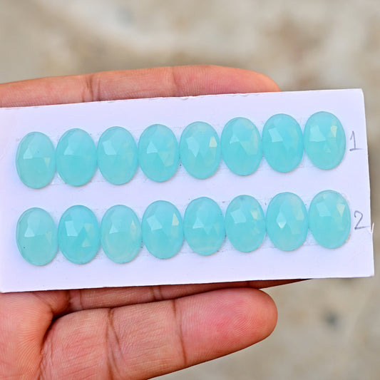 Aqua Chalcedony Rose Cut Oval Shape 10-14mm AA Grade Gemstone loose Strip Set -Total 8 Pcs in one strip