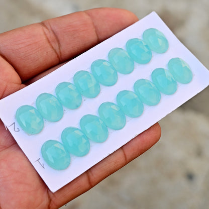 Aqua Chalcedony Rose Cut Oval Shape 10-14mm AA Grade Gemstone loose Strip Set -Total 8 Pcs in one strip