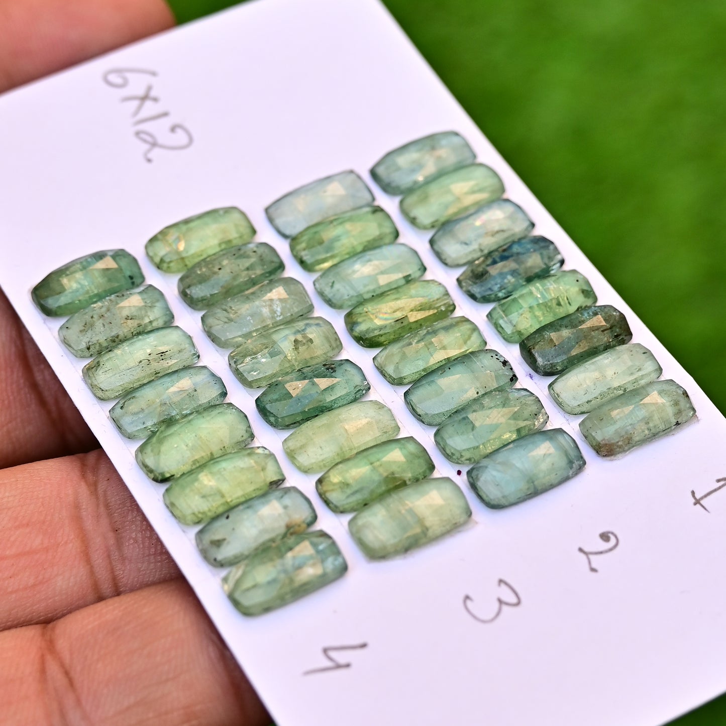 Emerald Green Kyanite Rose Cut Cabochon Rectangle Shape 6x12mm Grade Gemstone Strip - Total 8 Pcs in Strip