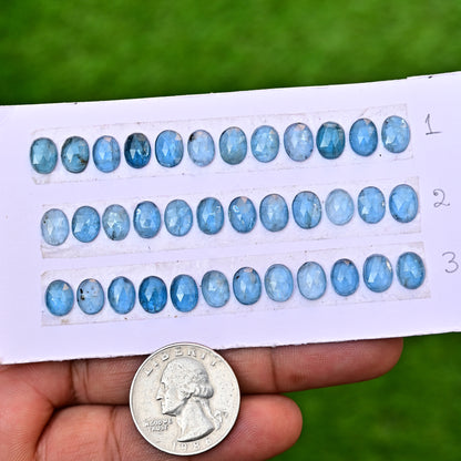 Aqua Kyanite Rose Cut Cabochon Oval Shape 6x8mm AA Grade Gemstone Strip - Total 12 Pcs in One Strip