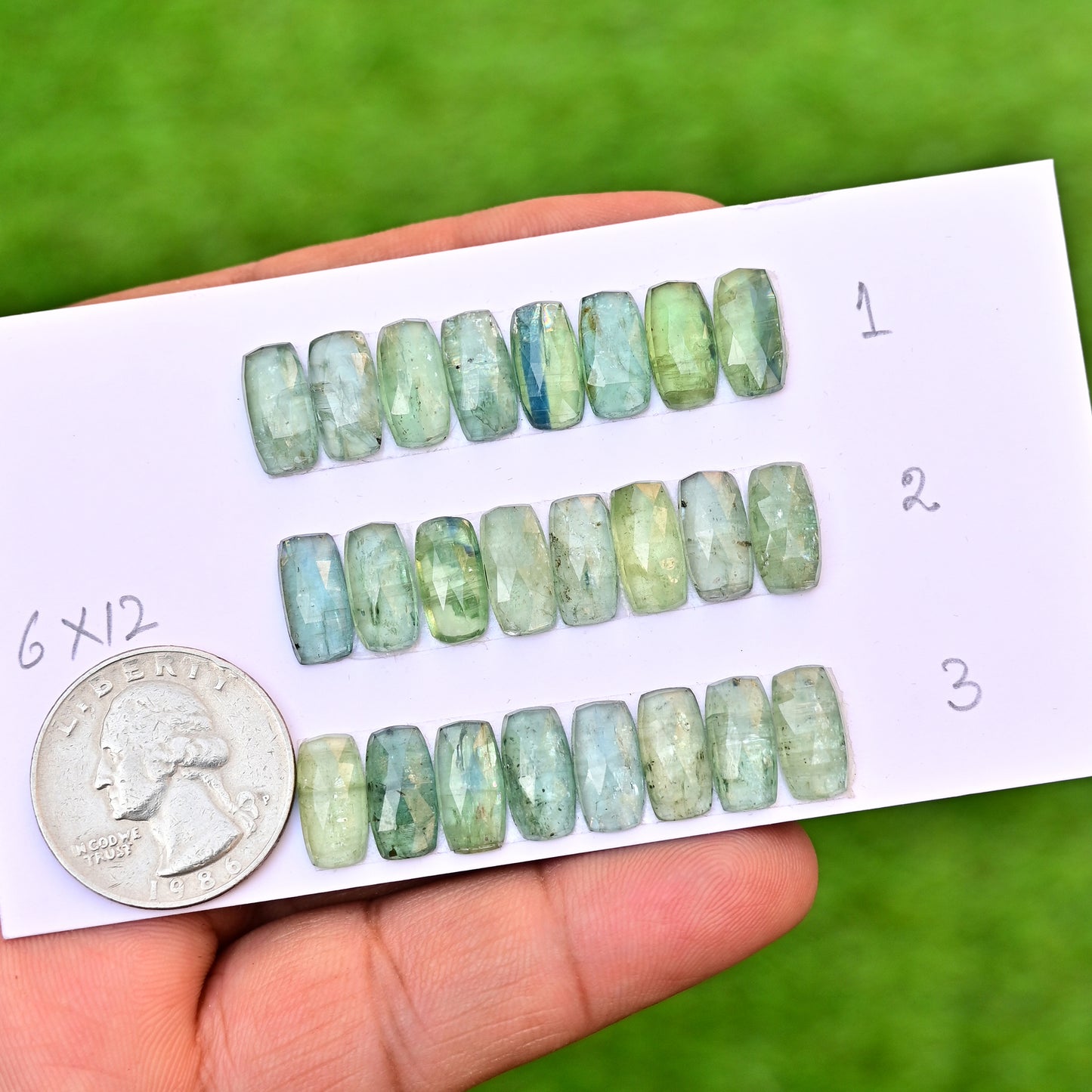 Emerald Green Kyanite Rose Cut Cabochon Rectangle Shape 12x6mm Grade Gemstone Strip - Total 8 Pcs in Strip