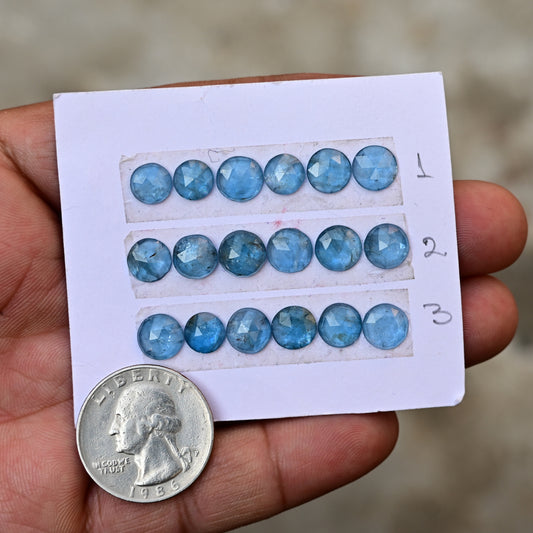 Aqua Kyanite Rose Cut Cabochon Round Shape 7mm - 8mm Grade Gemstone Strip - Total 6 Pcs in Strip