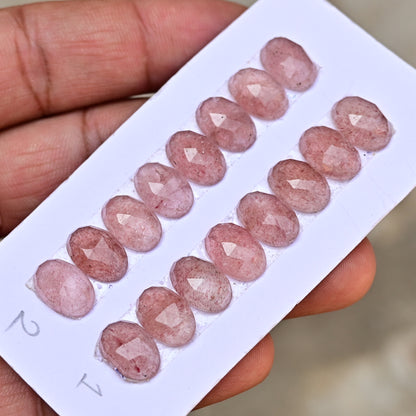 Strawberry Quartz Rose Cut Calibrated Oval Shape  8x12mm AA Grade Gemstone Strip -Total 8 Pcs in one strip