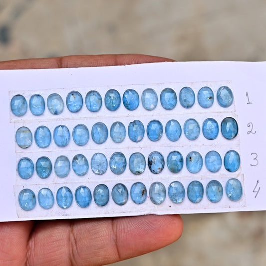 Aqua Kyanite Rose Cut Cabochon Oval Shape 6x8mm Grade Gemstone Strip - Total 12 Pcs in Strip