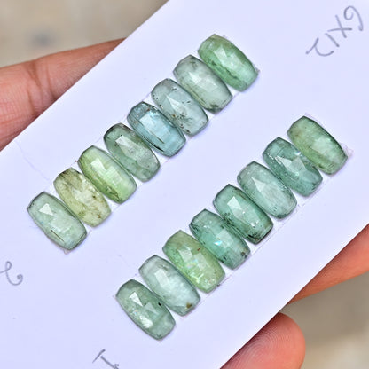 Green Kyanite Rose Cut Cabochon Baguette Shape 6x12mm Grade Gemstone Strip - Total 8 Pcs in Strip