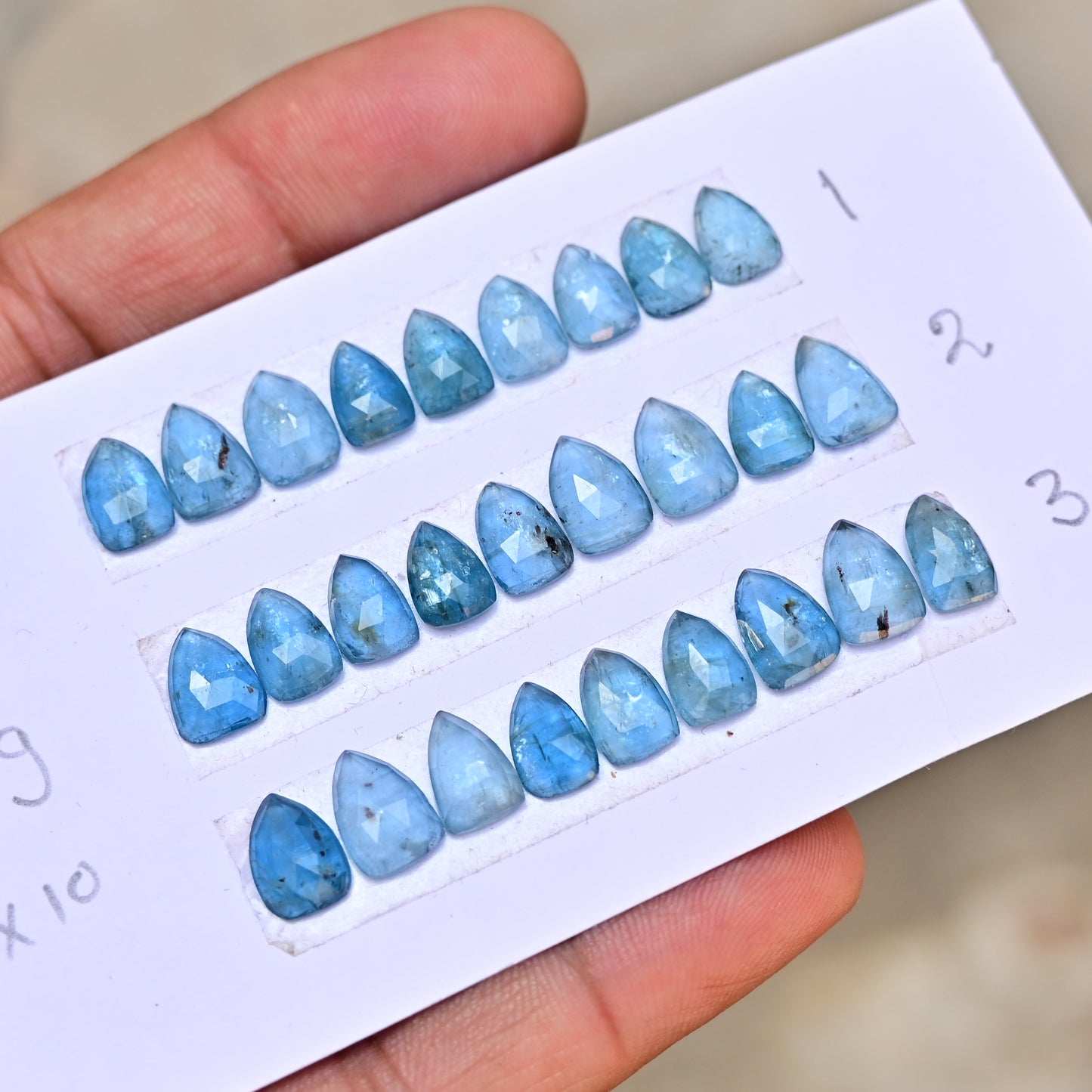 Aqua Kyanite Rose Cut Cabochon Shield Shape 6x9mm - 7x10mm Grade Gemstone Strip - Total 9 Pcs in Strip