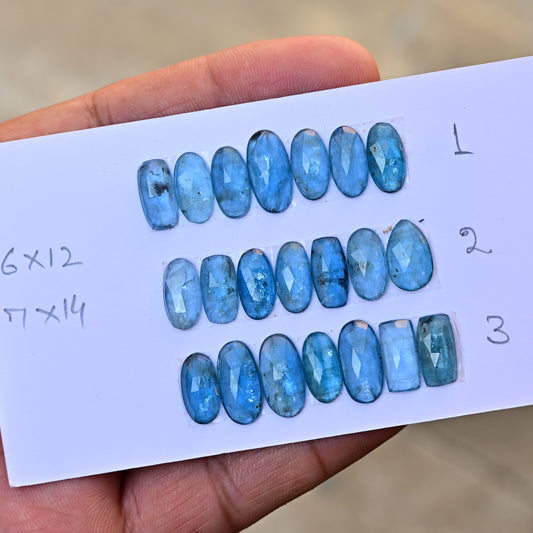 Aqua Kyanite Rose Cut Cabochon Mix Shape 6x12mm - 7x14mm Grade Gemstone Strip - Total 7 Pcs in Strip