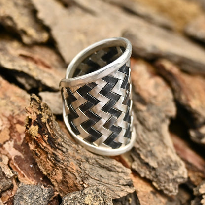 Breiter gewebter Silberring in Schwarz und Weiß! ⚫⚪✨Sterling Silber 925 || Handgefertigter Ring