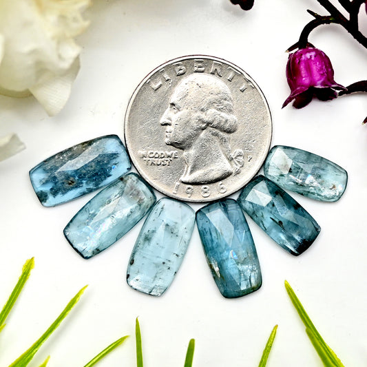 27cts. Aqua Green Kyanite7x14mm - 8x16mm Rose Cut Baguette Shape AA Grade Gemstone Parcel - Total 6 Pcs