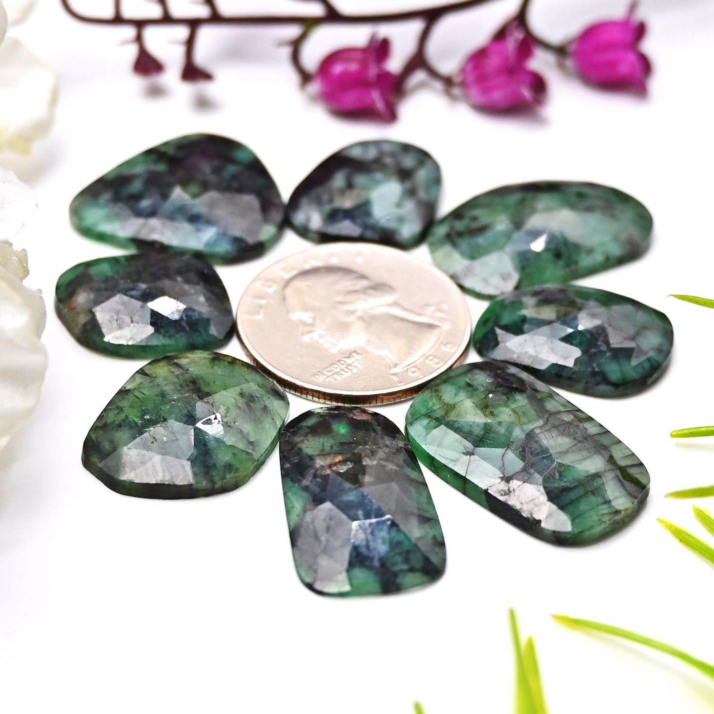 90cts Emerald Rose Cut  Cabochon 15X17mm - 16x25mm Freeform Shape AA Grade Gemstone Parcel -8 pcs