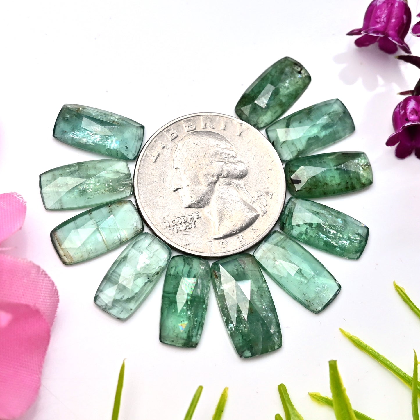 41.70cts Emerald Green Kyanite Rose Cut Cabochon 7x14mm - 8x16mm Baguette Shape AA Grade Gemstone Parcel -Total 11 Pcs