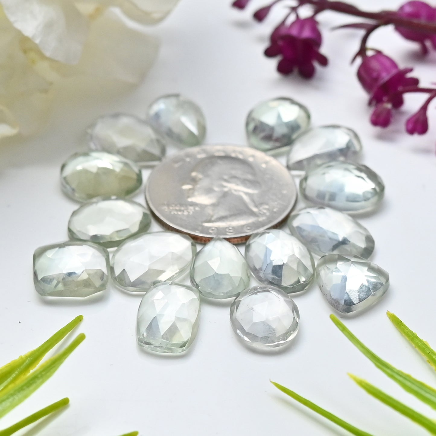 Green Amethyst Faceted Rose Cut Cabochon 9X13mm - 10x14mm