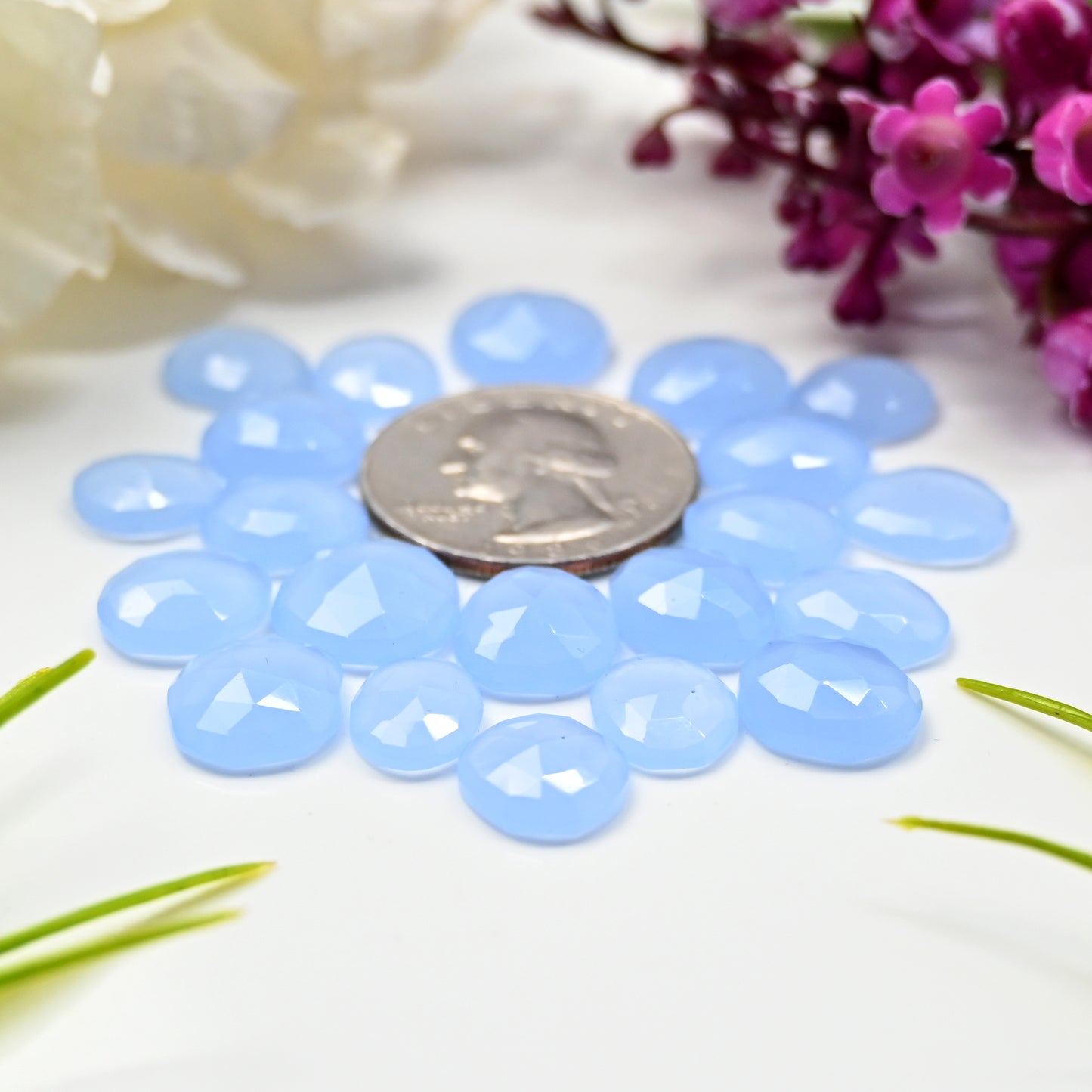 Blue Chalcedony Faceted Rose Cut Cabochon 10x12mm - 12x13mm