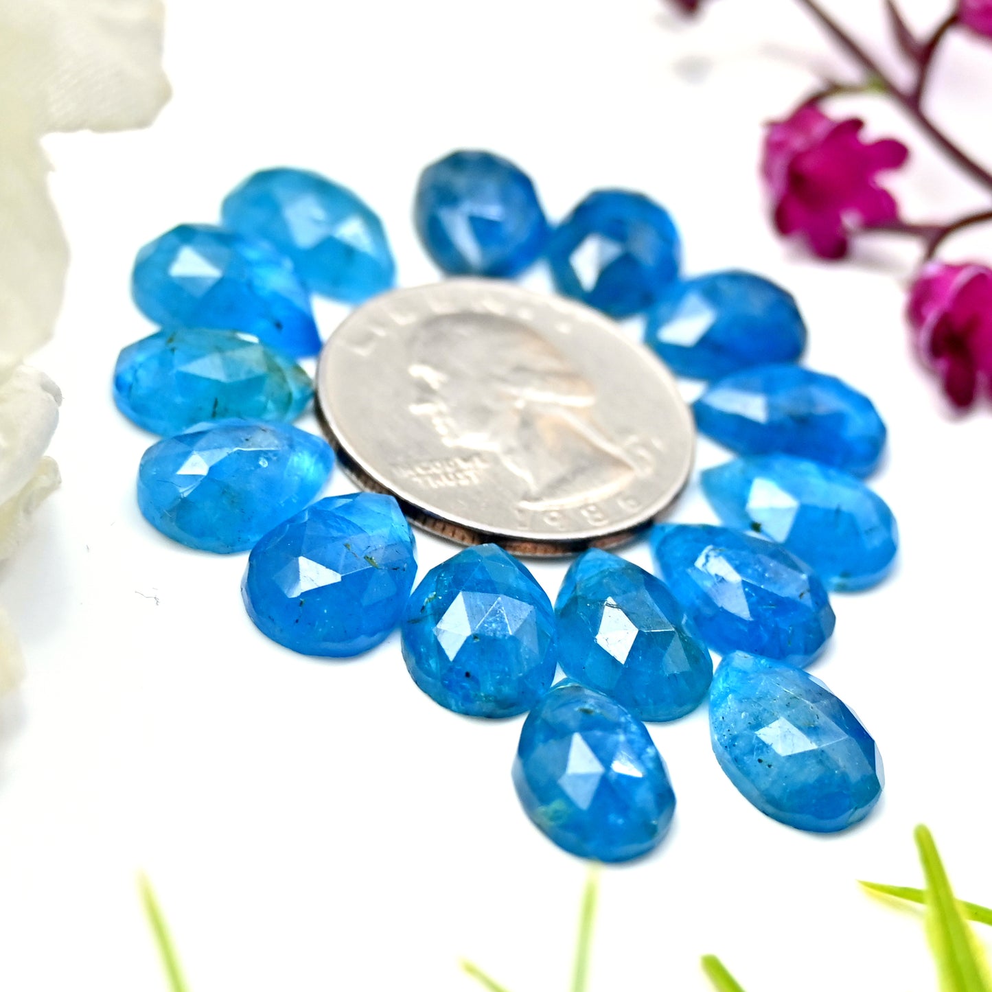 62.56cts Neon Apatite Rosecut Cabochon 9x13mm Tear Drop Shape AA Grade Gemstone Parcel - Total 15Pcs