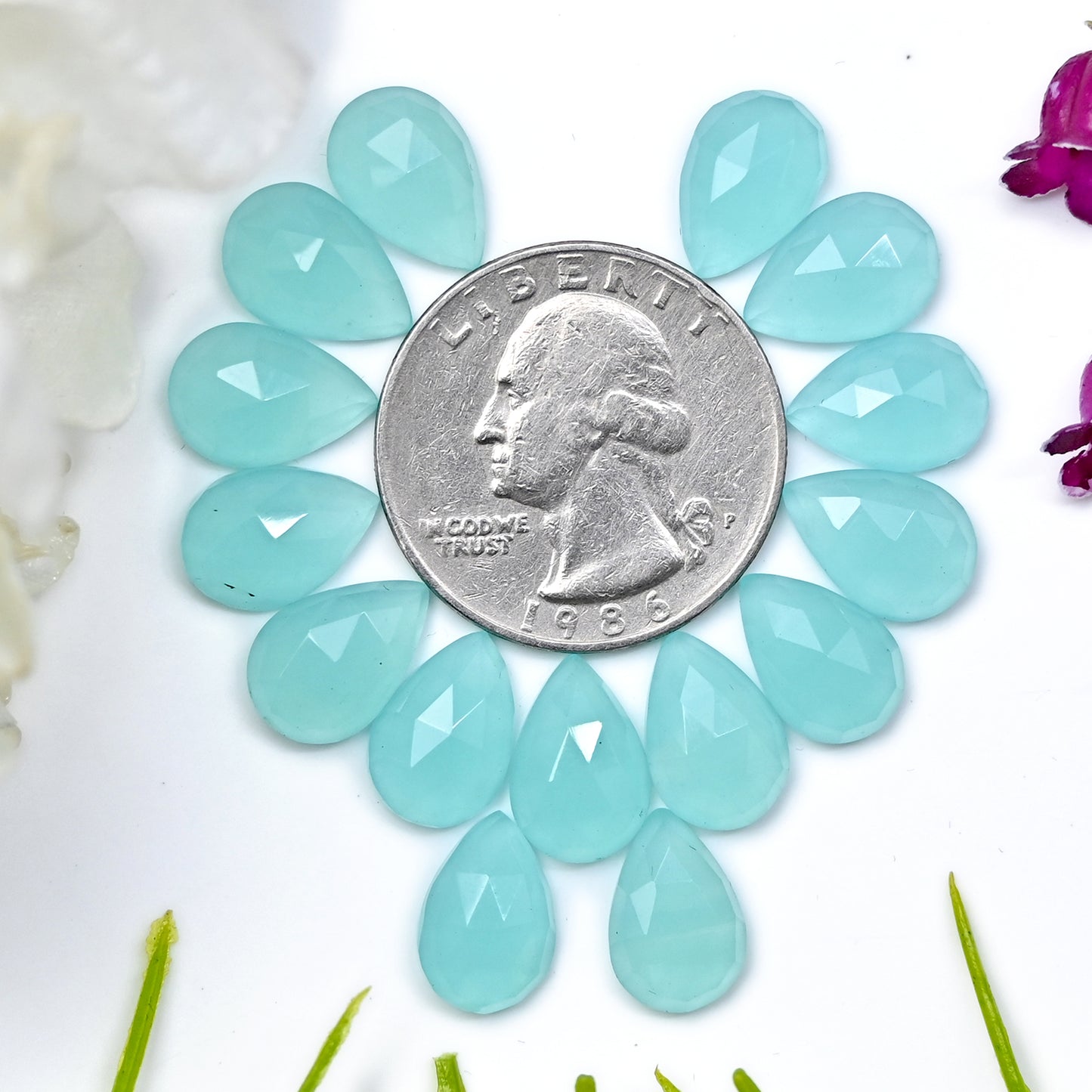 37.35cts Aqua Chalcedony Rose Cut 8X12mm Tear Drop Shape AA Grade Gemstone Parcel - Total 15 Pcs