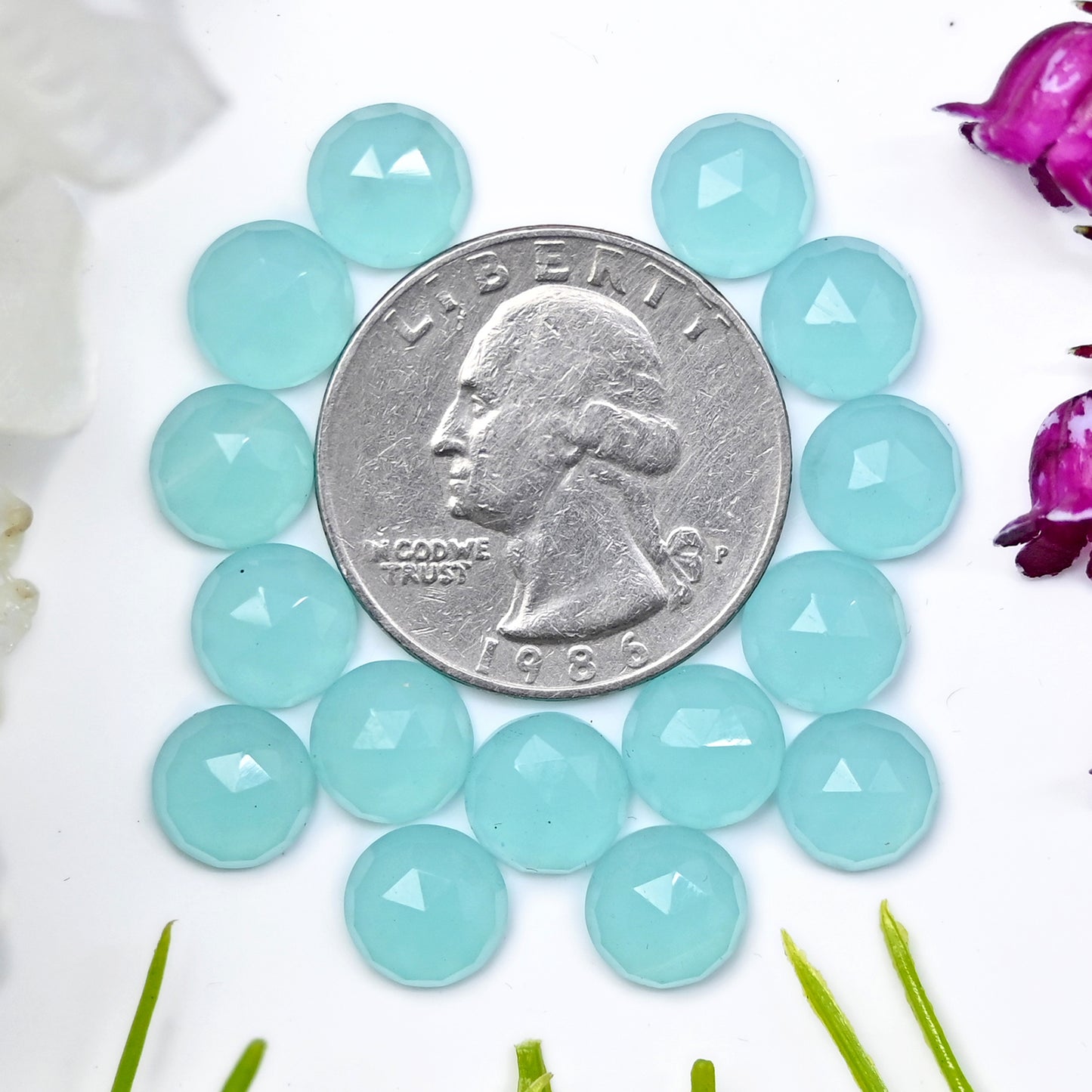 27,35 ct Aquamarin-Chalcedon, Rosenschliff, 8 mm, runde Form, Edelsteinpaket der Güteklasse AA, insgesamt 15 Stück