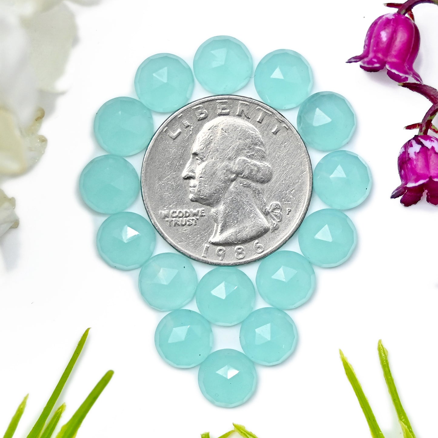 27,55 ct Aquamarin-Chalcedon, Rosenschliff, 8 mm, runde Form, AA-Qualität, Edelsteinpaket – insgesamt 15 Stück