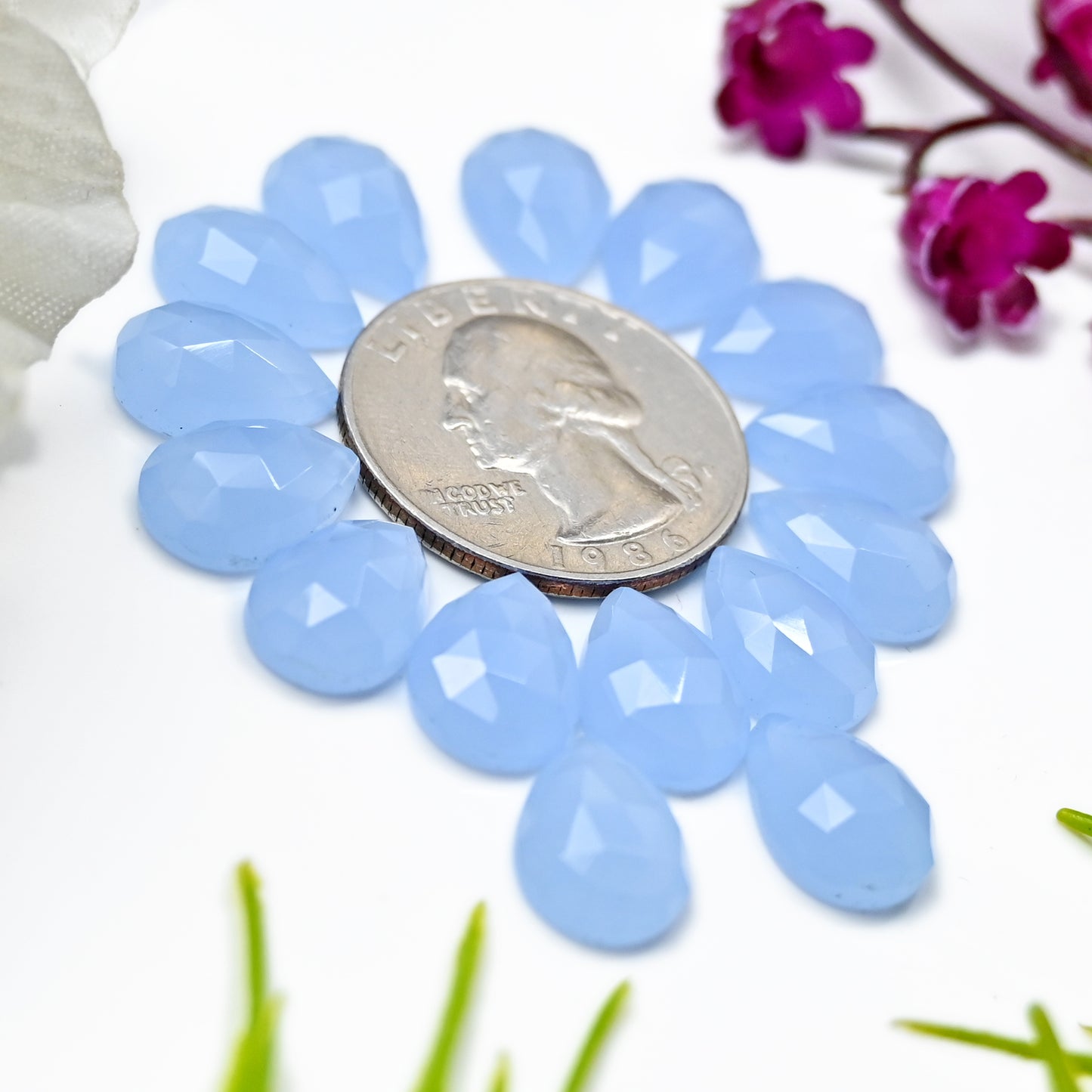 52.2cts Blue Chalcedony Rose Cut 9x13mm Tear Drop Shape AA Grade Gemstone Parcel - Total 15 Pcs