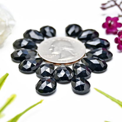 51.5cts Black Onyx Rosecut Cabochon 9x13mm Tear Drop Shape AA Grade Gemstone Parcel -Total 15 Pc