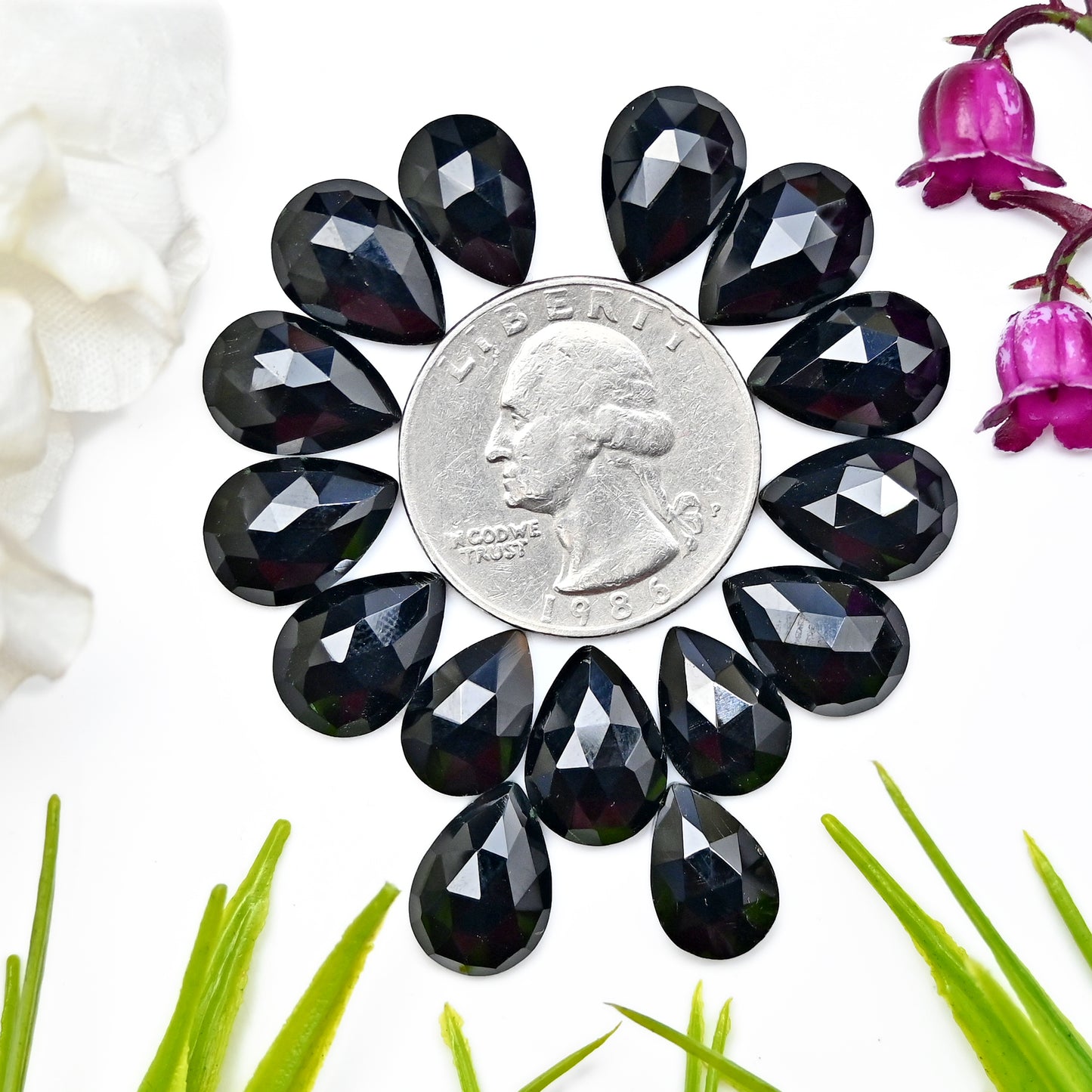 51.5cts Black Onyx Rosecut Cabochon 9x13mm Tear Drop Shape AA Grade Gemstone Parcel -Total 15 Pc