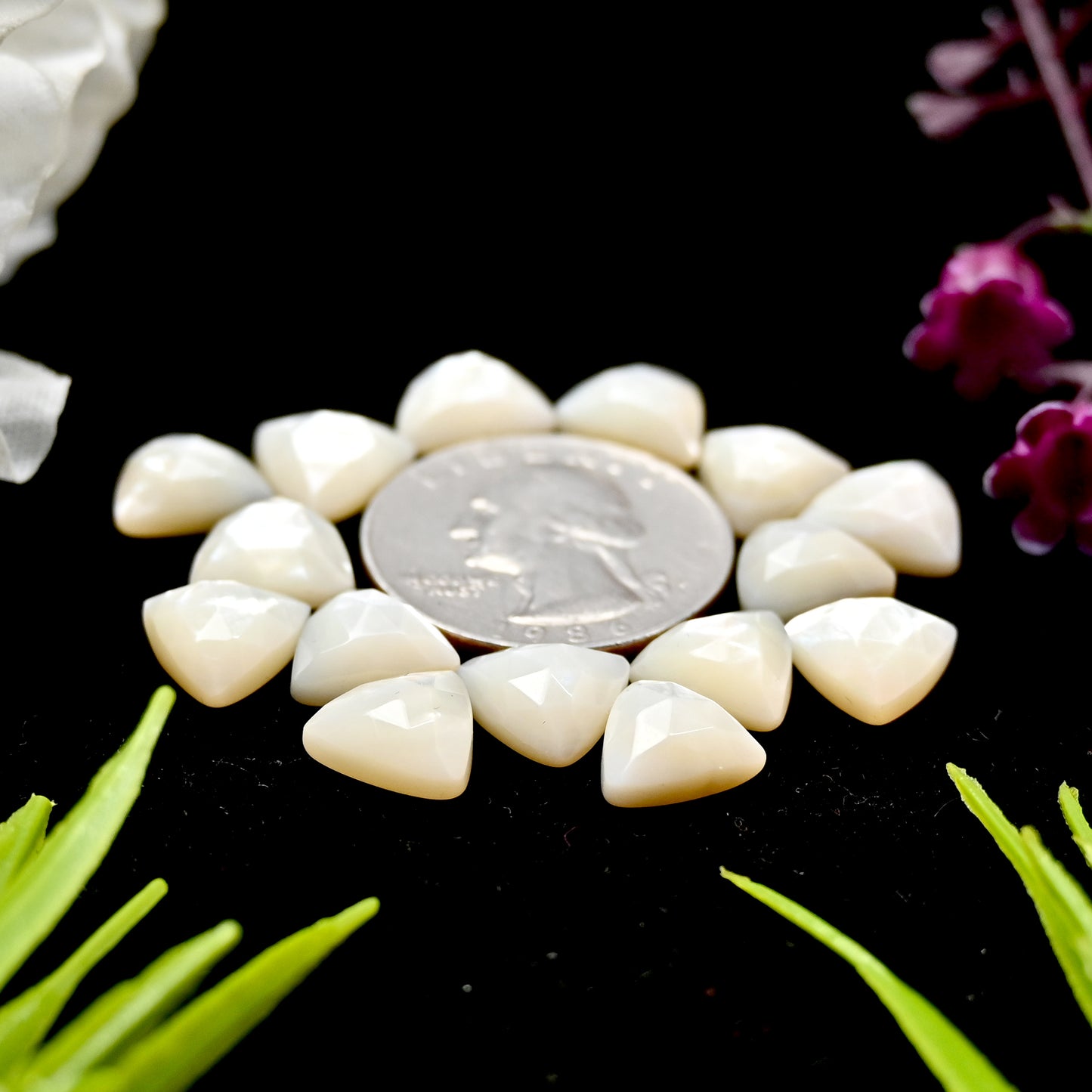 42.45cts Mother of Pearl Rose Cut Cabochons 10x10mm Calibrated Trillion Shape AA Grade Gemstone Parcel -Total 15 Pcs