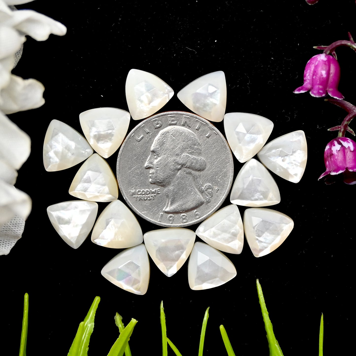 43.95cts Mother of Pearl Rose Cut Cabochons 10x10mm Calibrated Trillion Shape AA Grade Gemstone Parcel -Total 15 Pcs