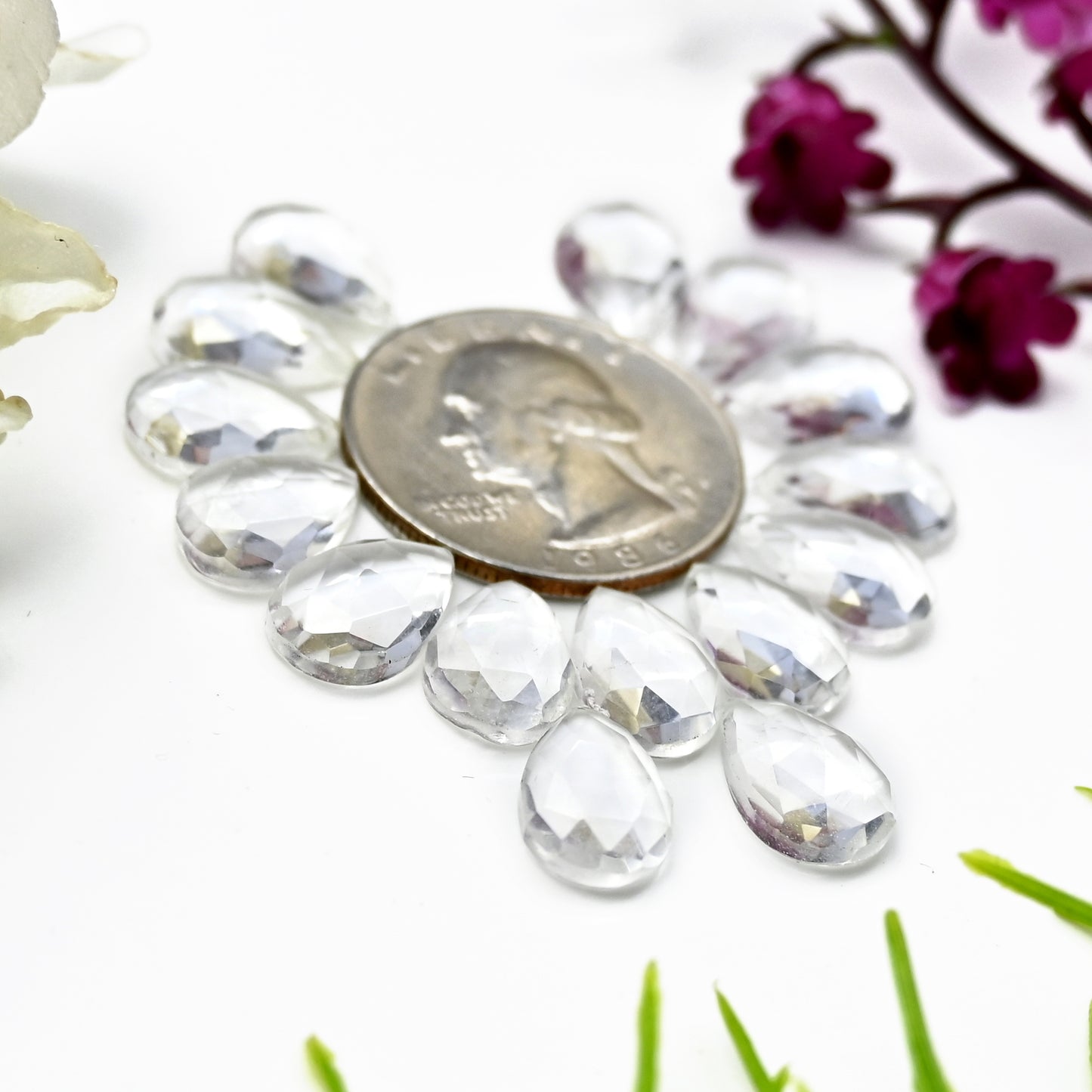 53cts Crystal Quartz Calibrated  Rose Cut Cabochon 9x13mm Tear Drop Shape AA Grade Gemstone Parcel -Total 15 Pcs