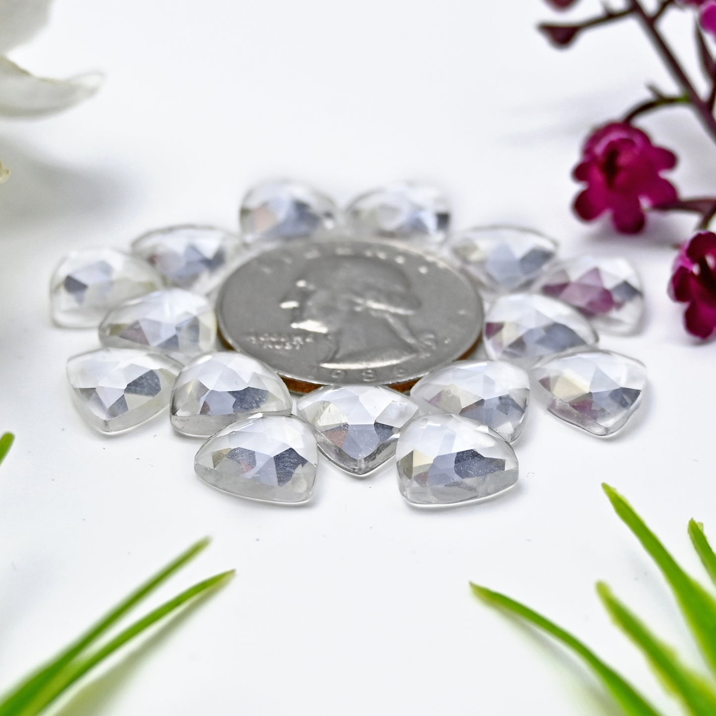 44.60cts Crystal Quartz Faceted Rose Cut Cabochon 10x10mm Trillian Shape AA Grade Gemstone Parcel -Total 15 Pcs