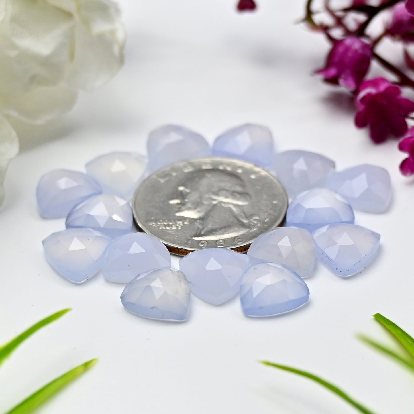 Calibrated Natural Blue Chalcedony Faceted Rose Cut Cabochon 10x10mm