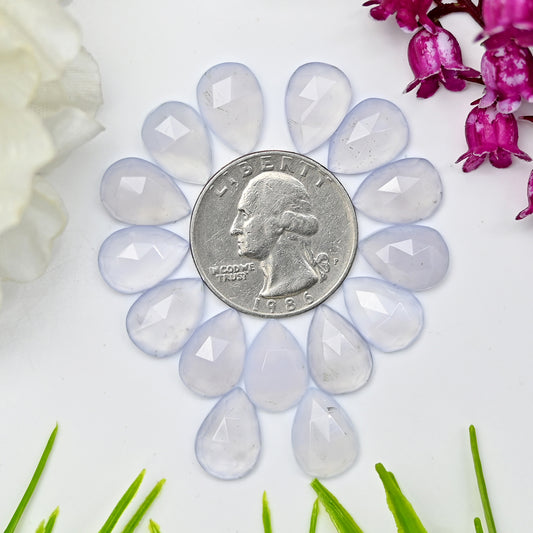 Calibrated Natural Blue Chalcedony Faceted Rose Cut Cabochon 9x13mm