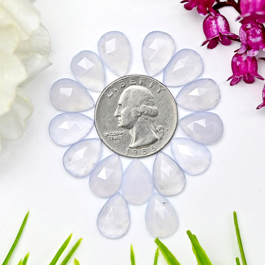 54.85cts Natural Blue Chalcedony 9x13mm Calibrated Rose Cut Cabochon Pear Shape AA Grade Gemstone Parcel -Total 15 Pcs