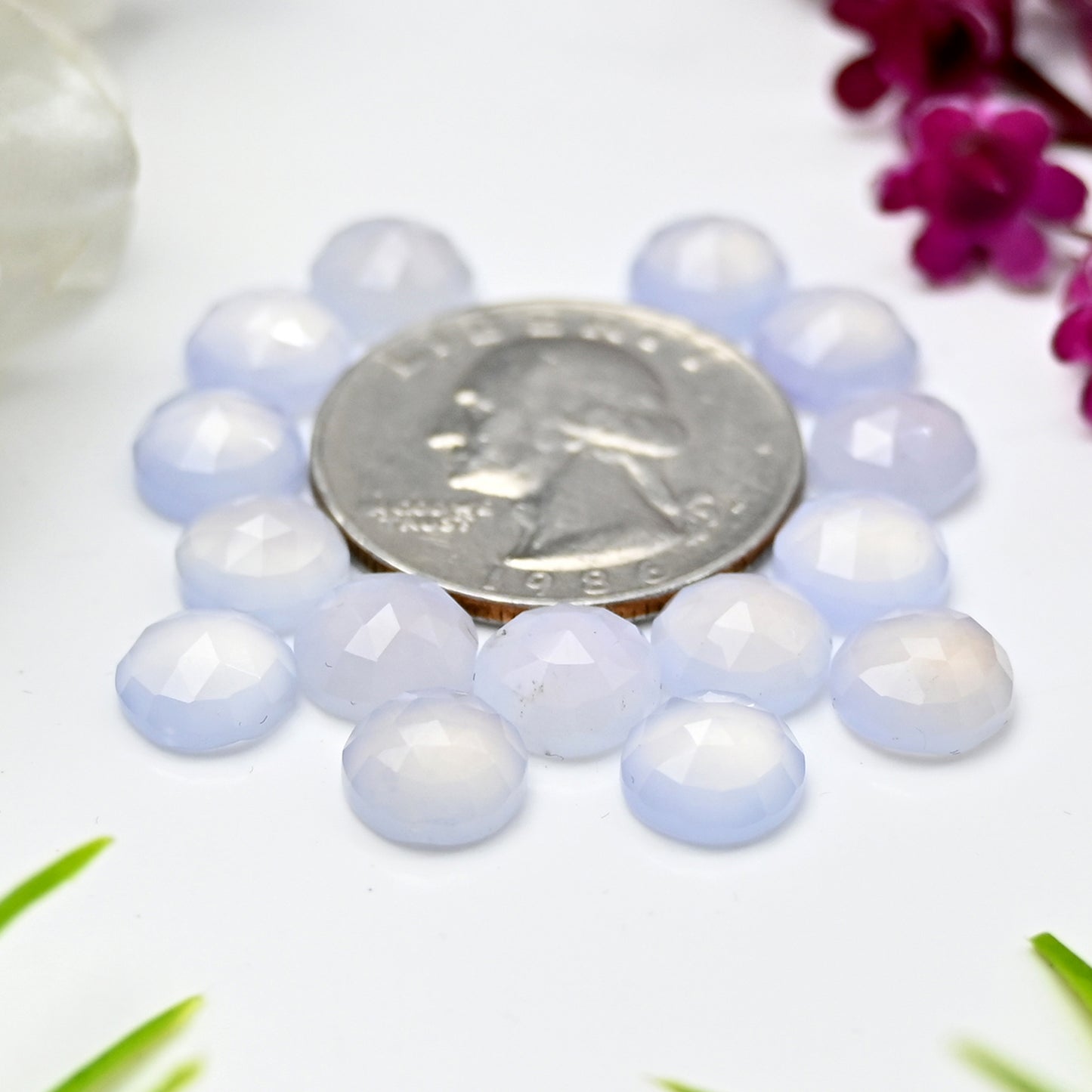 Calibrated Natural Blue Chalcedony Faceted Rose Cut Cabochon 8mm