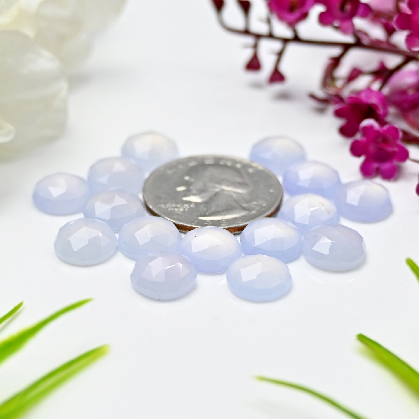 Calibrated Natural Blue Chalcedony Faceted Rose Cut Cabochon 10mm