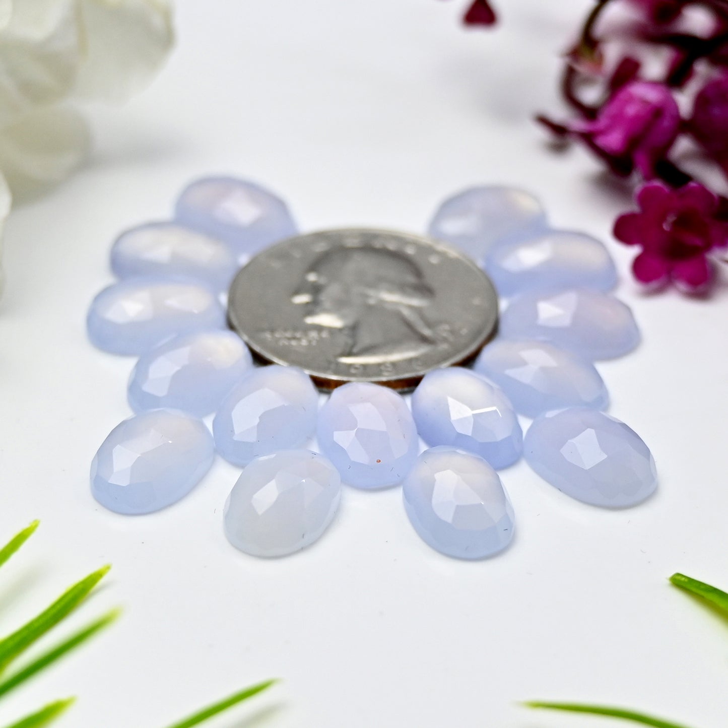 Calibrated Natural Blue Chalcedony Faceted Rose Cut Cabochon 8x12mm