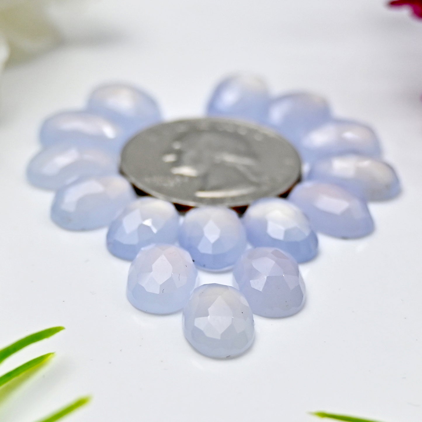 Calibrated Natural Blue Chalcedony Faceted Rose Cut Cabochon 8x12mm